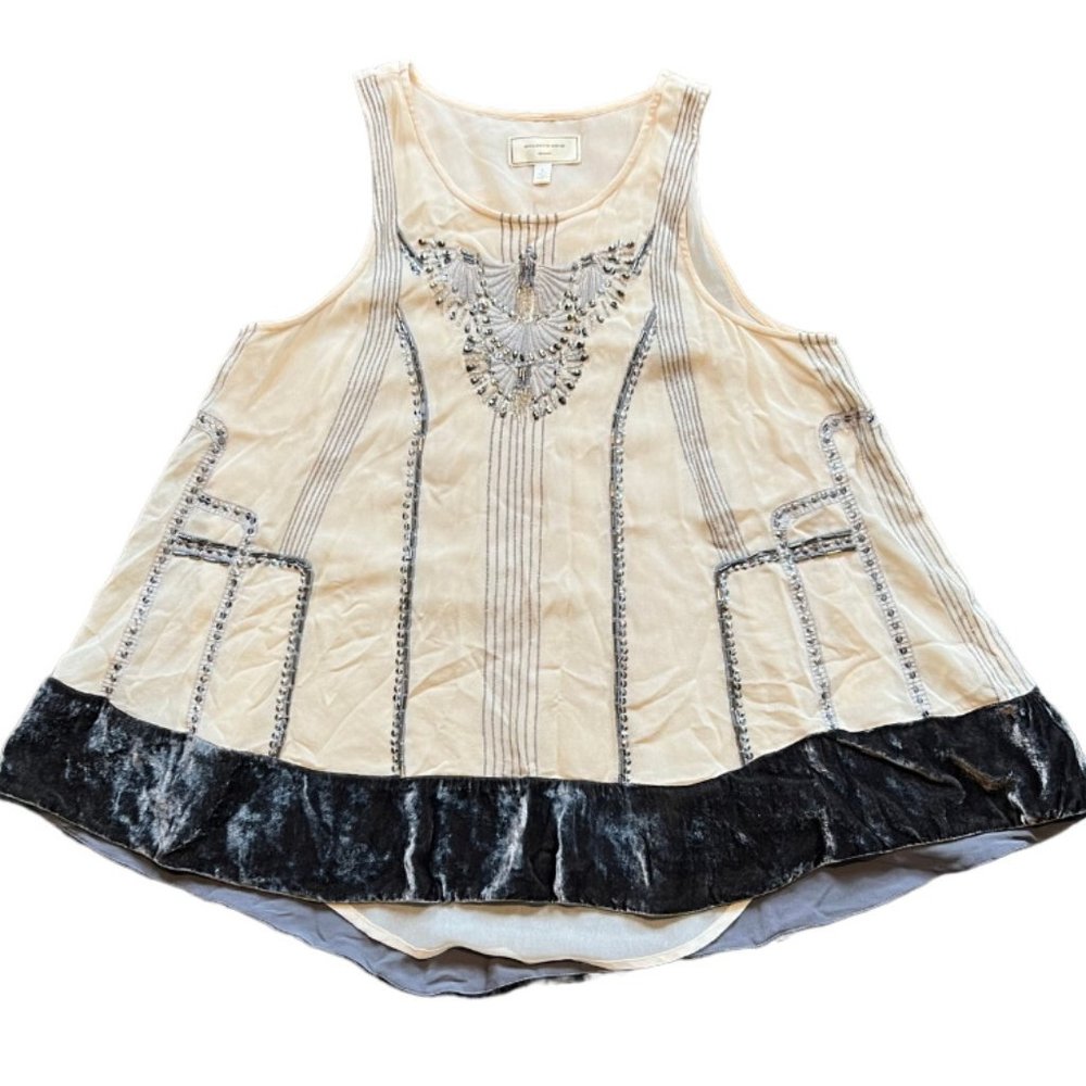 Anthropologie Moulinette Soeurs Beaded Embellished Tank Top Cream/Grey Small